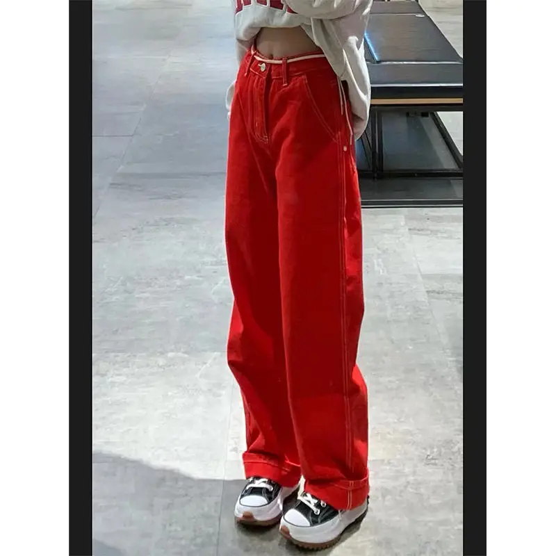 low rise jeans High Street Red Jeans Women's New Loose American Retro High Waist Wide Leg Straight Casual Pants cargo pants women jeans