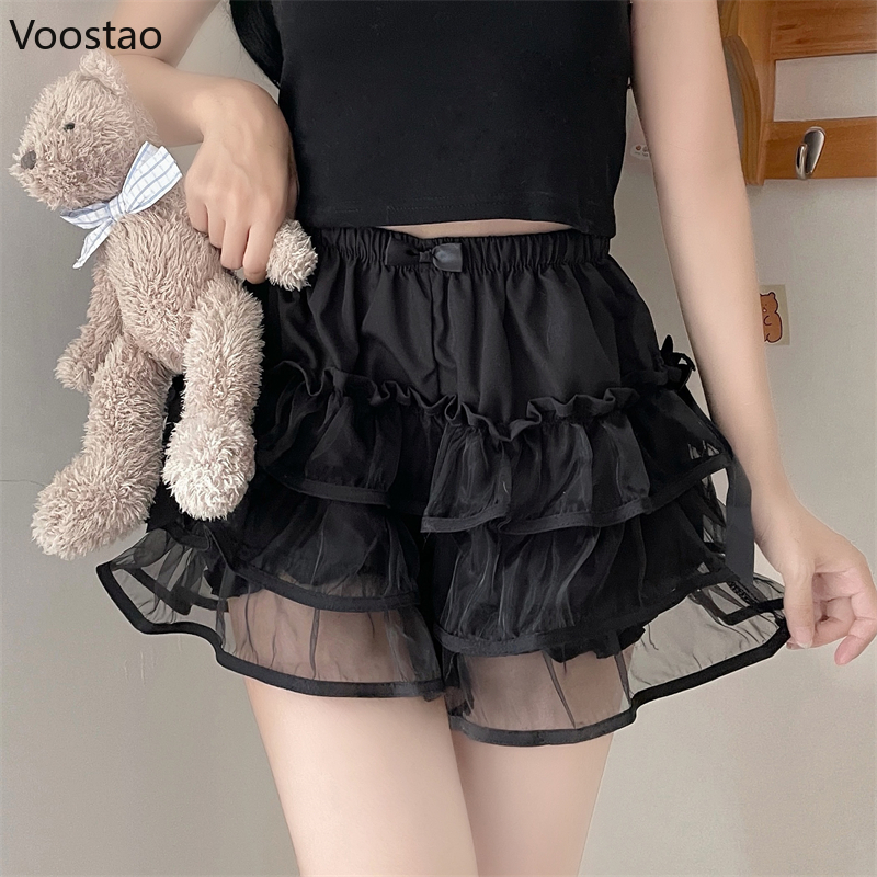 kawaii lolita saia em camadas shorts feminino gótico fofo renda malha calças curtas meninas doce arco babados jk uniforme bloomers