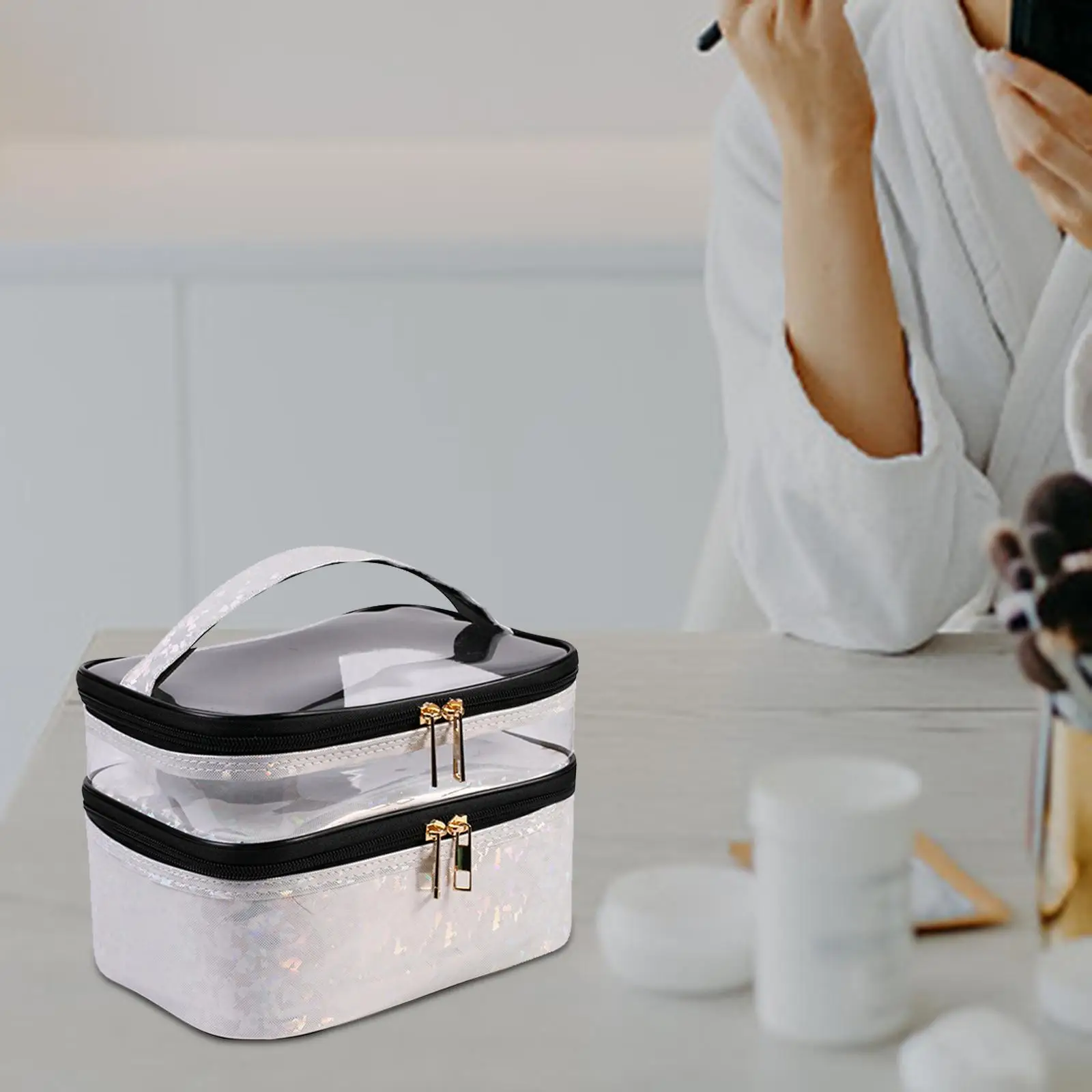 Portable Double Layer Cosmetic Bag Travel Makeup Bag with Handle Transparent