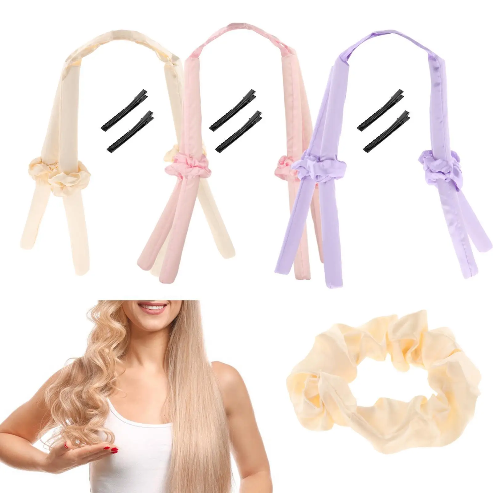 Heatless Curling Rod Headband, No Heat Overnight with Hair Clips Waves Ribbon for Natural Hair