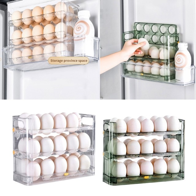 Contenedor de almacenamiento de huevos para refrigerador, 3 niveles con  tapa abatible, organizador de huevos para puerta de refrigerador, bandeja  de