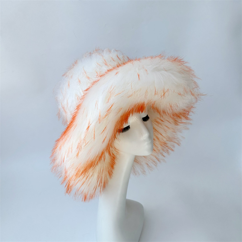 Harajuku Girls Sweet Cute Pink Wide Brim Floppy Furry Shag Hat Women Winter Y2k Fashion Fuzzy Festival Faux Fox Fur Bucket Hats