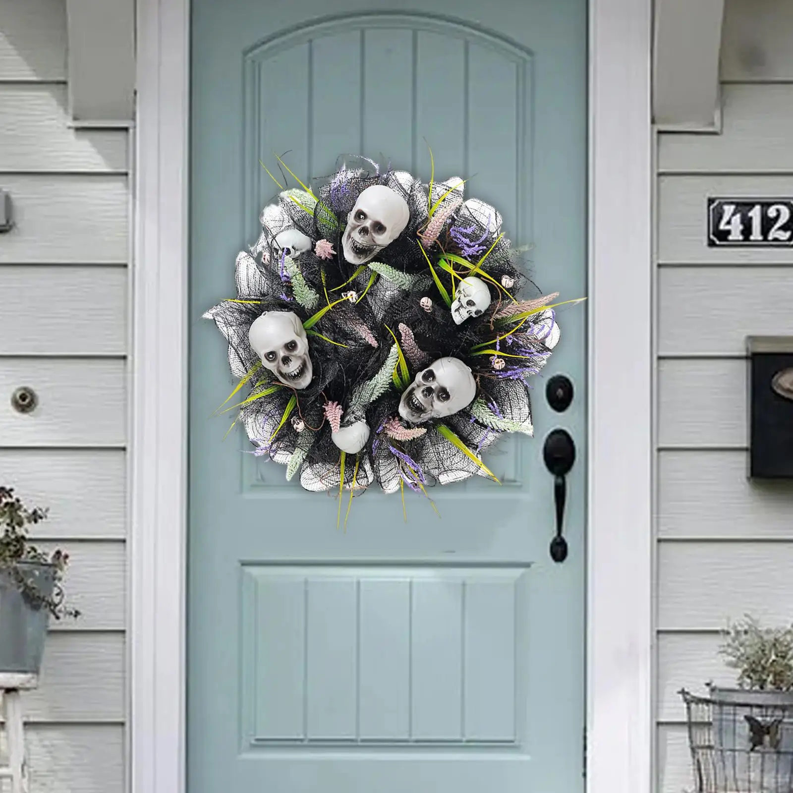 Halloween Door Hanging Horrible Skulls Wreath Ornament Handmade Multifunctional Decorative Sturdy Round 16inch for Office Door