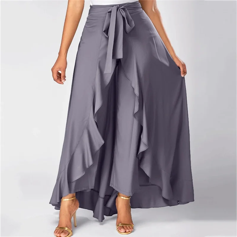 The Elegant Dress Pants Long Dress and Pants Combo 2-in-1 Design Safe  Ruffle Dress Front High Split Tie-Waist Maxi HSJ88 - AliExpress