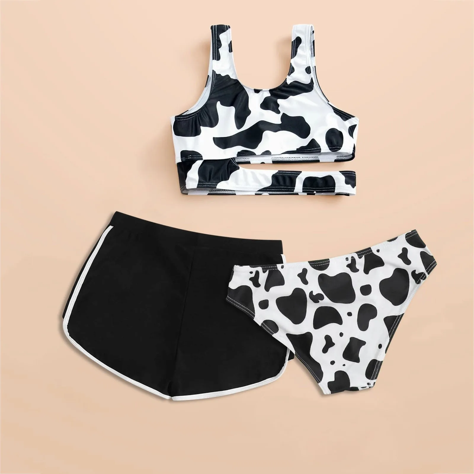 Toddler Infant Girl Cow Print Suspender Cotton Swimwear Shorts Summer 3PCS Swimsuit 