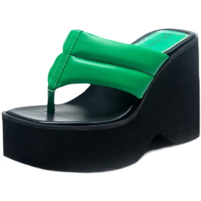 Gothic Chunky Platform Sandals Women Green Clip Toe Wedges