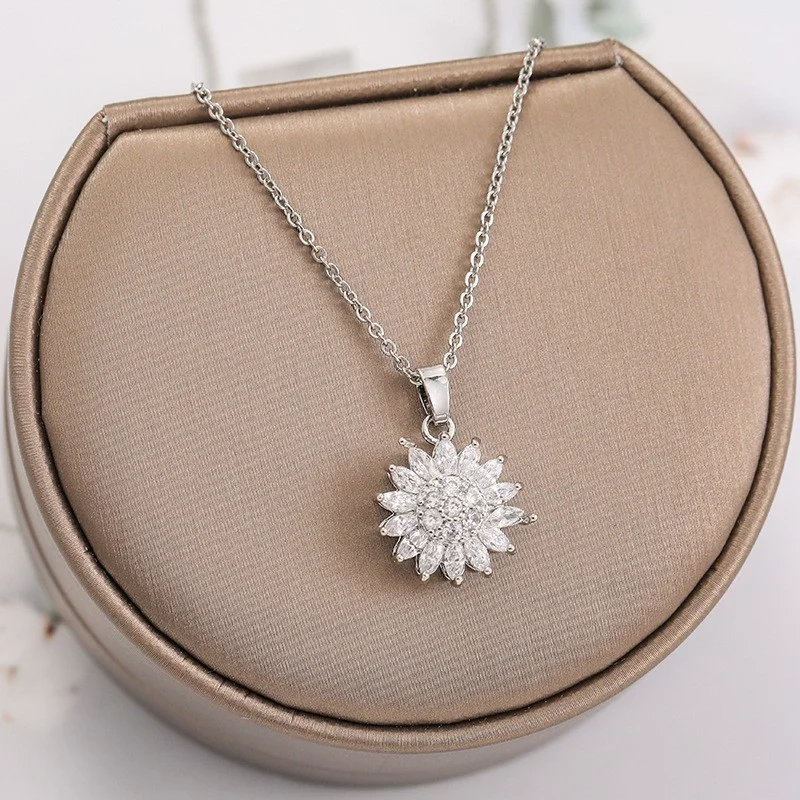 chain pendants Stainless Steel Rotating Sunflower Pendant Necklace for Women Jewelry Luxury Fashion Zirconia Choker Necklaces sapphire pendant