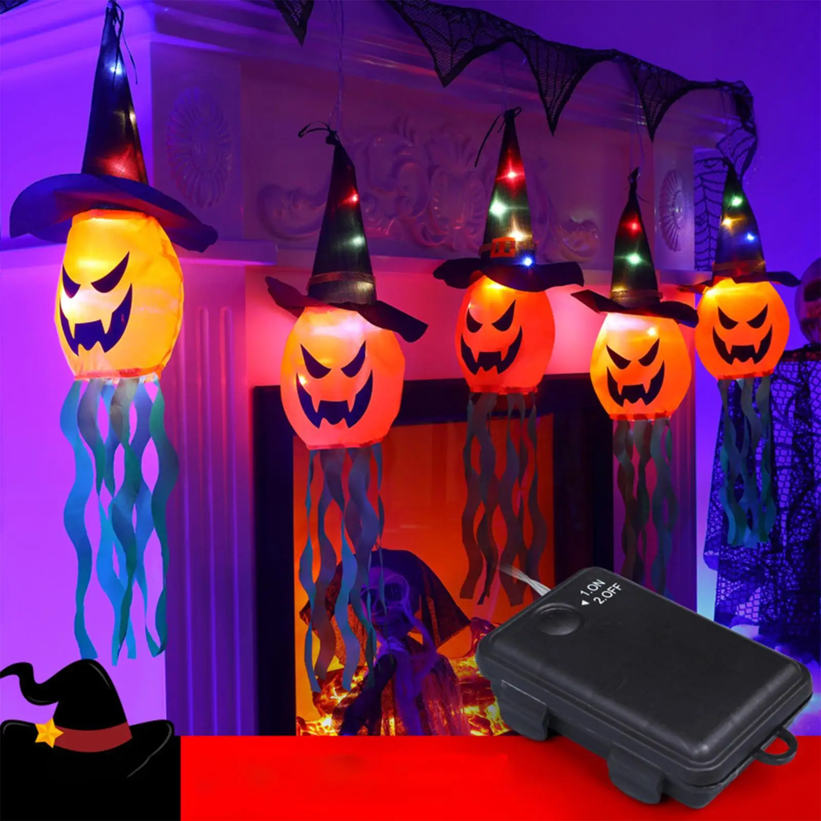 Halloween Hanging Lights Glowing Pumpkin Witch Hat for Indoor Outdoor Prop