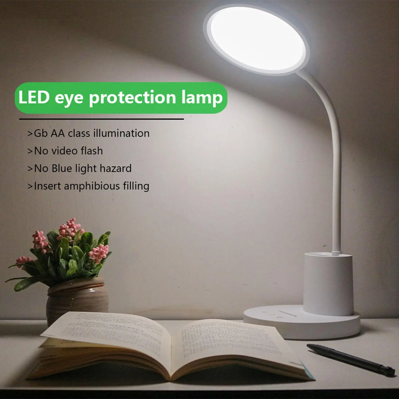 Desk Lamp with Pen Holder USB Rechargeable Reading Lamp for Study Office Home Dorm