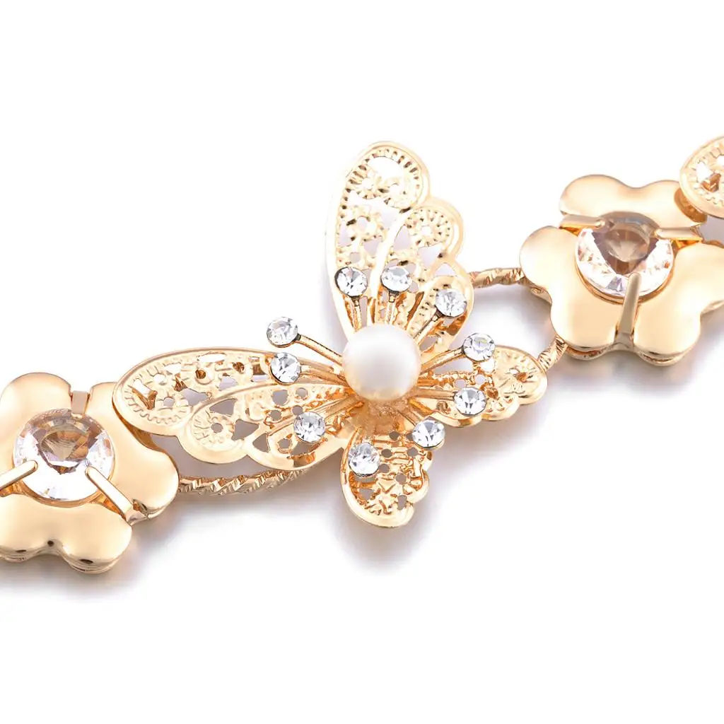 Diamante Women`s Butterfly Pearl Rhinestone Crystal Metal Chain Belt for Evening Dress