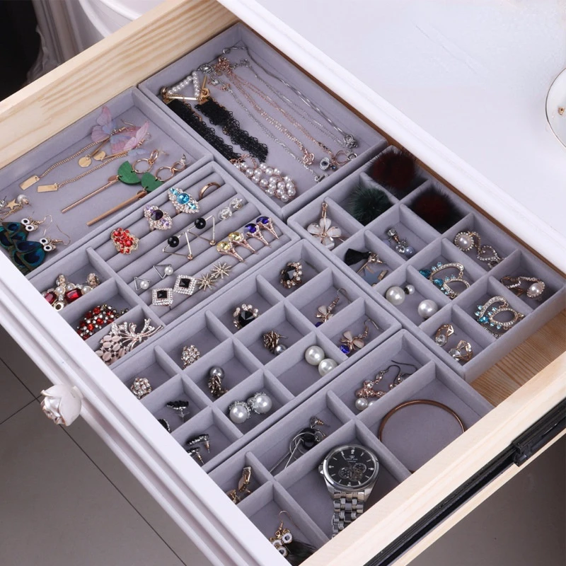makeup storage 1PC Gray Velvet Stackable Jewelry Display Tray Case for Jewellery Hot Sales Fashion Portable Velvet Jewelry Organizer Box Storage Box Makeup Organizer Jewelry Nail