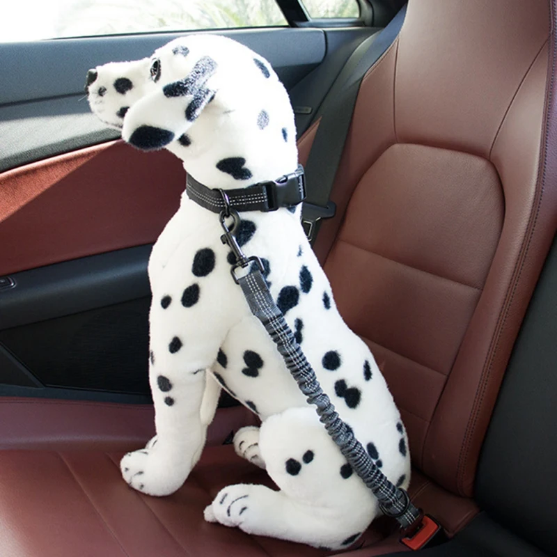 Un perro de peluche, que parece ser un dálmata, sentado en el asiento trasero de un coche. El juguete lleva un arnés que está sujeto al sistema de cinturón de seguridad del automóvil, lo que sugiere que está asegurado por seguridad durante un viaje en automóvil.