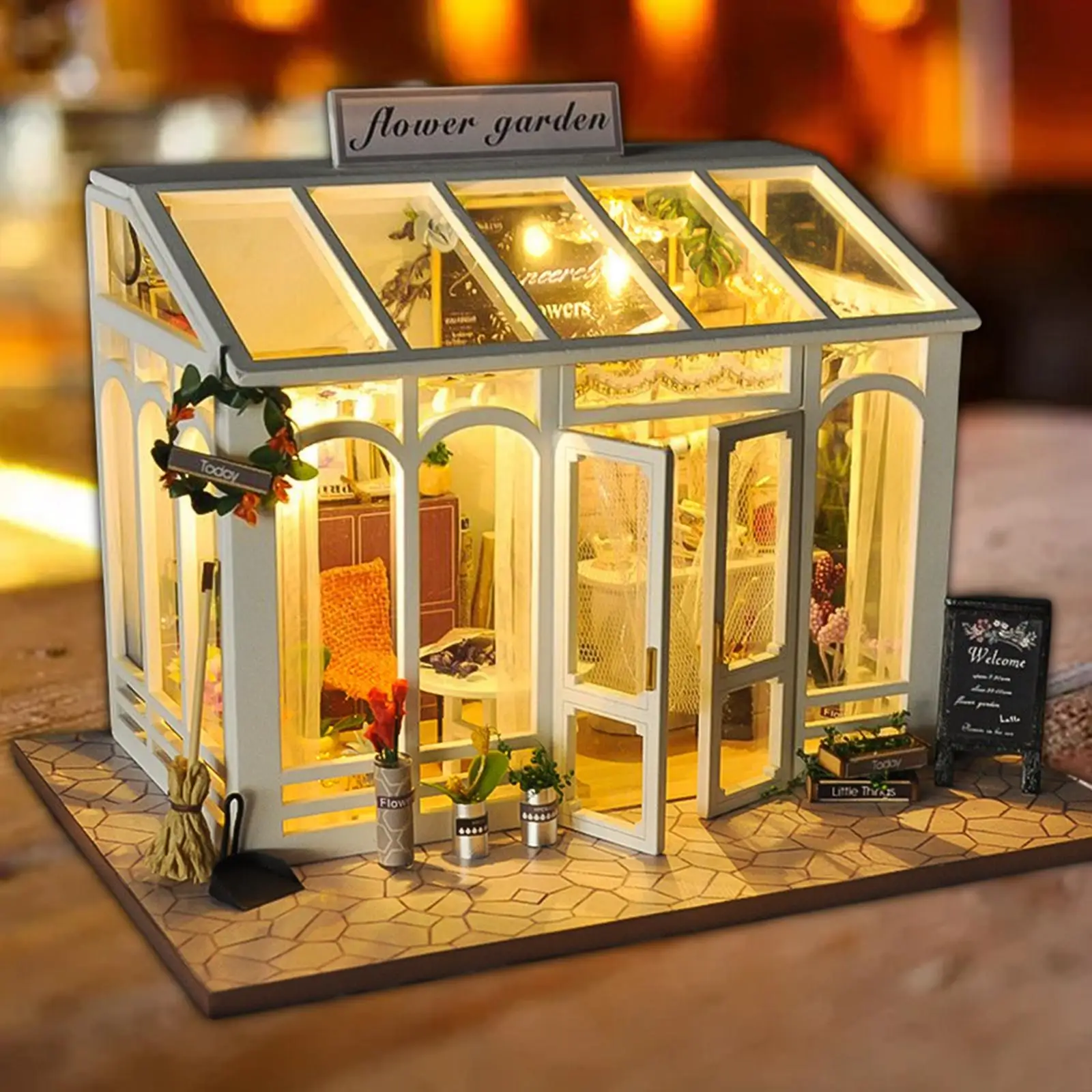 Handmade Wooden Dollhouse DIY Wood House Flower Garden House W/ LED Lights &