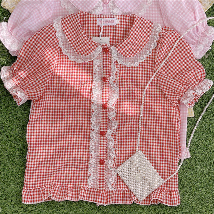 camisa feminina peter pan collar xadrez colheita topo fino kawaii adorável doce clássico retro básico faculdade ulzzang suave ins new new new new new novo