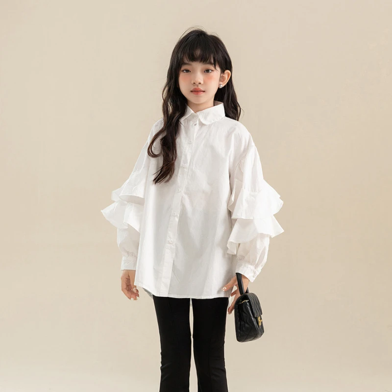 Ruffled Shirt  Child’s Girls Spring Long Sleeve Ruffles Design Teens School Kids Blouses Fashion Loose 10 12 13 14 Years Children Clothes Shirts in White