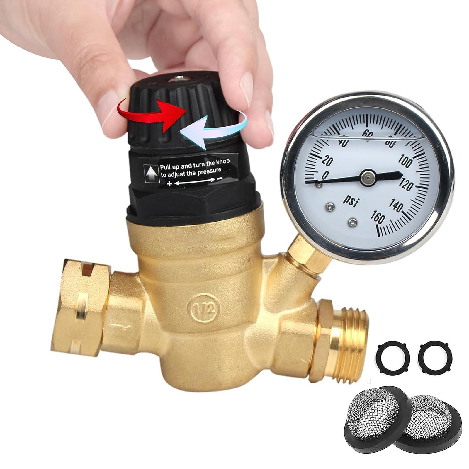 Water Pressure Regulator Multipurpose Brass with Gauge Adjustable Water Pressure Reducer for Travel Garden Hose Plumbing