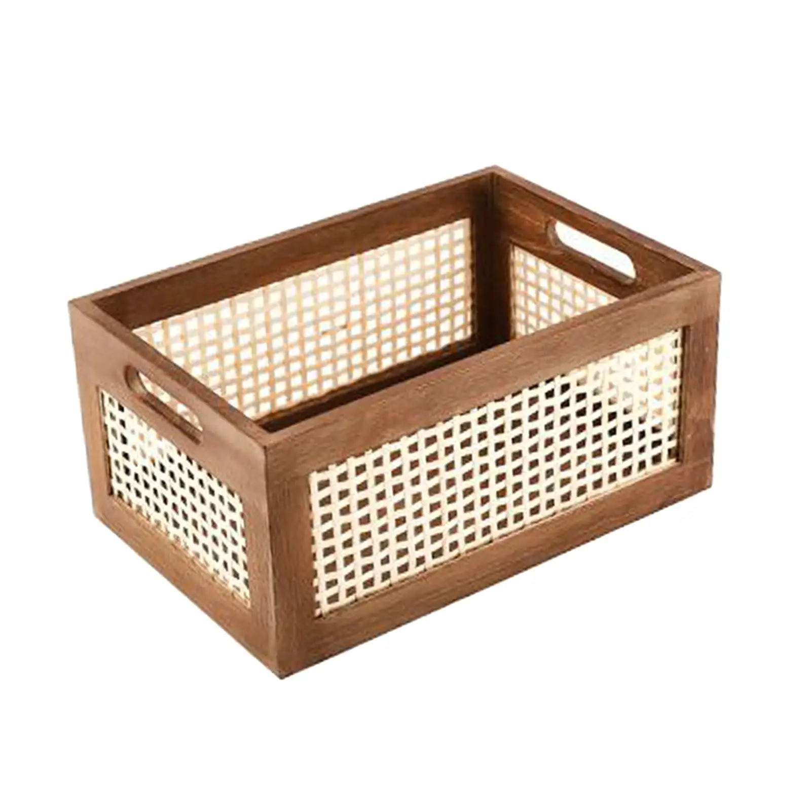Wood Frame Storage Basket Multipurpose Drawer Storage Box Portable Woven Wood Basket for Desktop Pantry Sundry Kitchen Cabinet