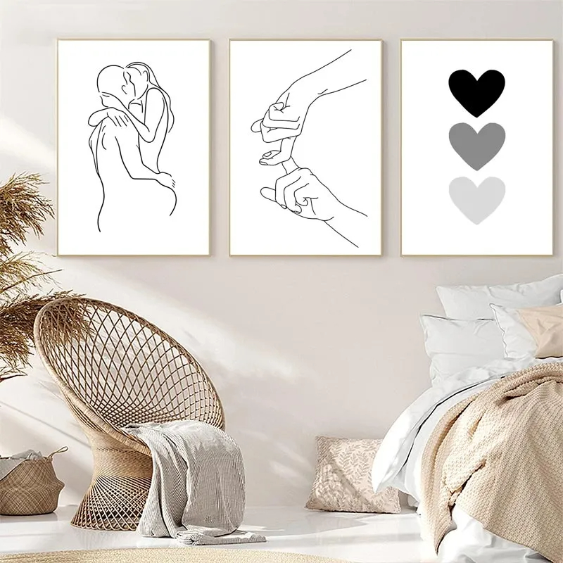 Black White Couple Line Wall Art Canvas Painting Line Drawing Hand Love Kiss Posters and Prints Nordic Picture Living Room Decor