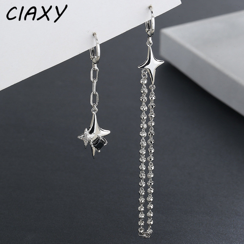 Ciaxy Silber Farbe asymmetrische vierzackige Stern Ohrringe für Frauen einfache Quaste Kette Tropfen Ohrringe Party Geschenk Schmuck – Detail 5