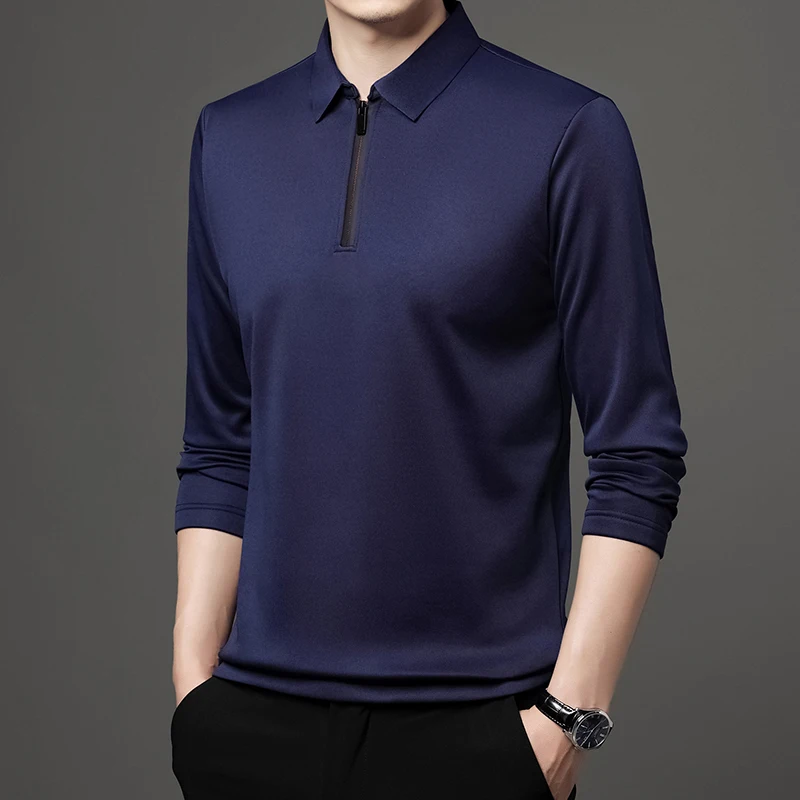 S0cc111443dc0480f8e778c02d37dc1e7u New T Shirt Zipper Polo Shirt Male Fashion Turn-Down Collar Long Sleeve Business Men Clothes