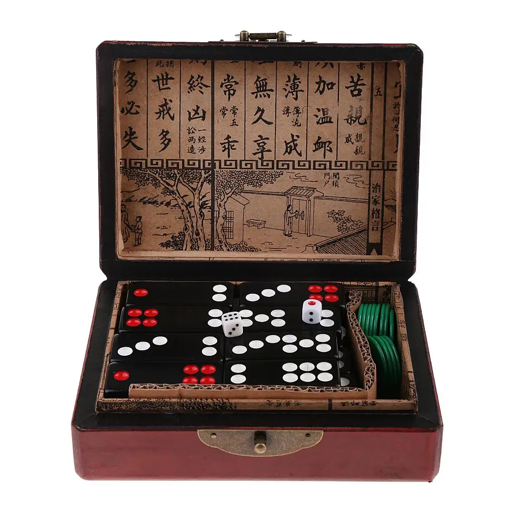 Portable Chinese Antique Pai Gow Paigow Tiles   in Wooden Box for Party