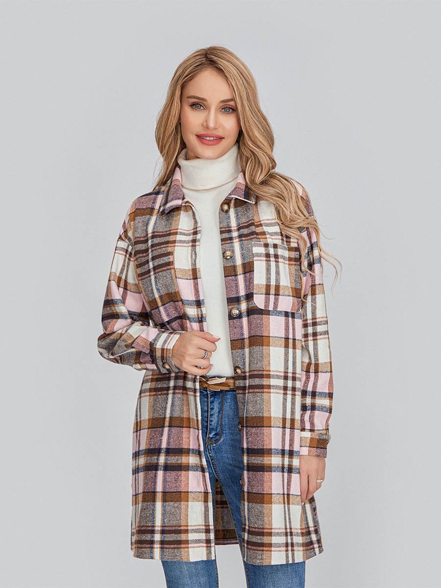 Women Long Sleeve Lapel Button Down Casual Plaid Shacket Jacket