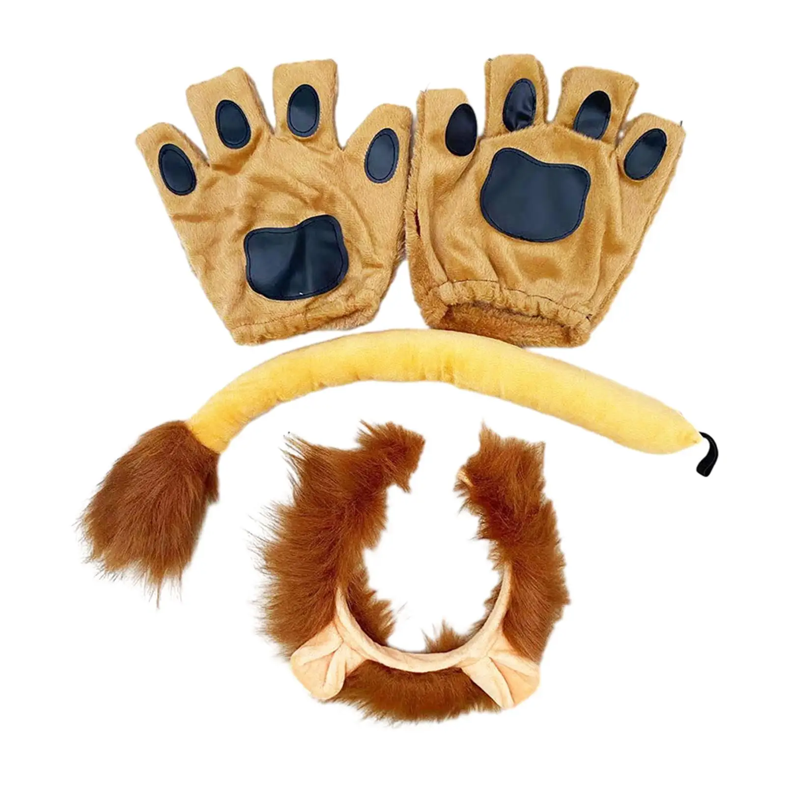 Lion Ears and Tail with Gloves for Kids Headwear Plush Lion Ears Hair Clip for Festival Performance Party Birthday Fancy Dress