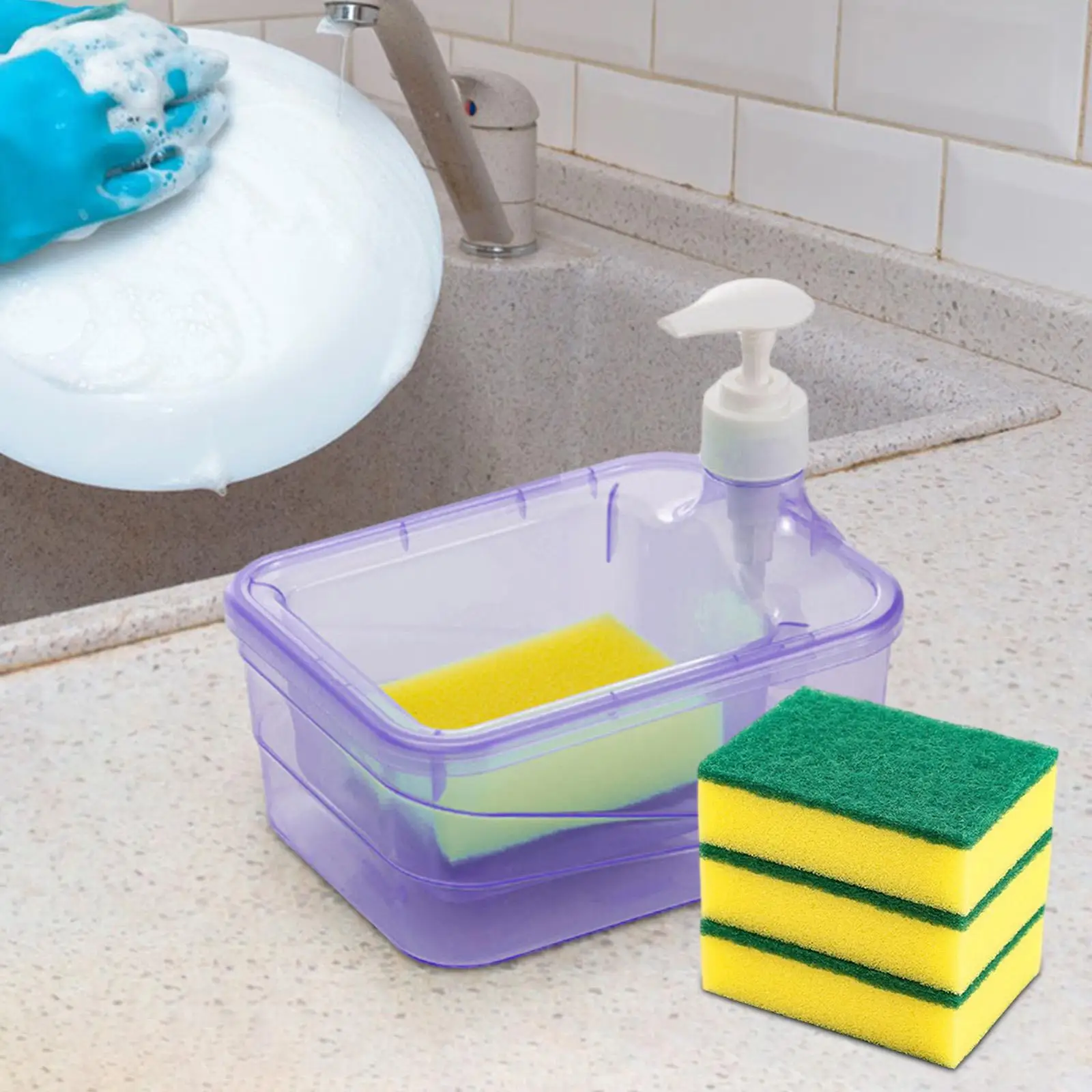 Dish Soap Dispenser and Sponge Holder Multifunctional Anti Slip Liquid Pump Bottle Sink Countertop Organizer for Bathroom Home