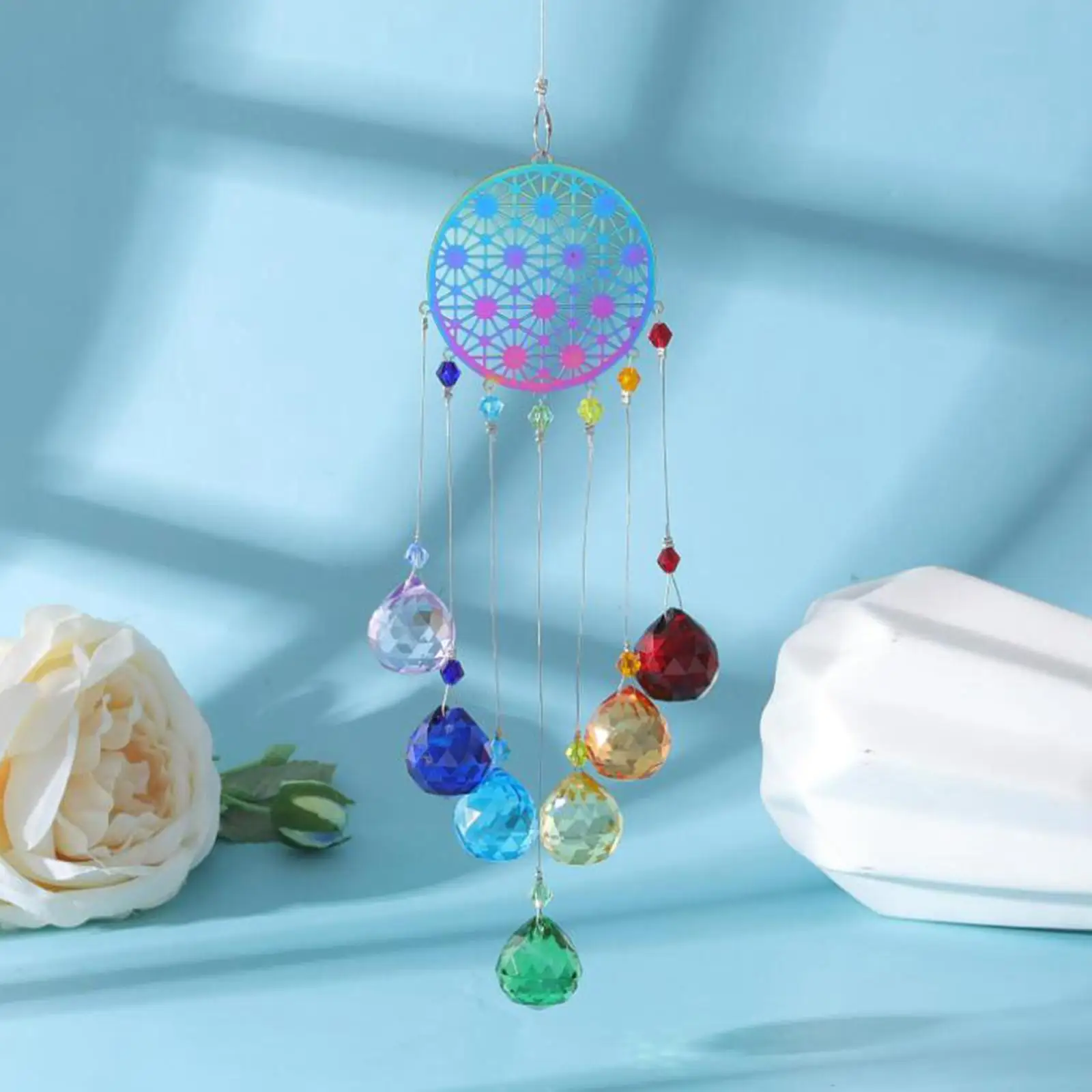 Hanging Crystal Wind Chime Prism 7 Crystal Balls Colorful Wind Bell for Indoor Outdoor Window Backyard Decoration