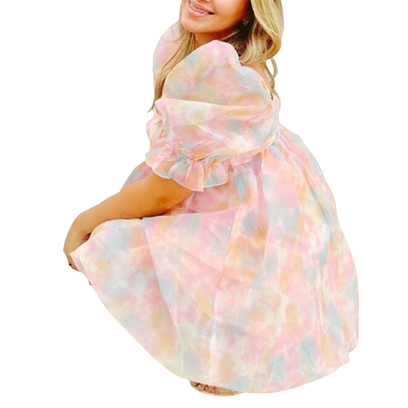 Fairy Mesh Dress y2k Women Aesthetic Gradient Color Puff Sleeve Princess Dress Square Neck Short Prom Party Dresses
