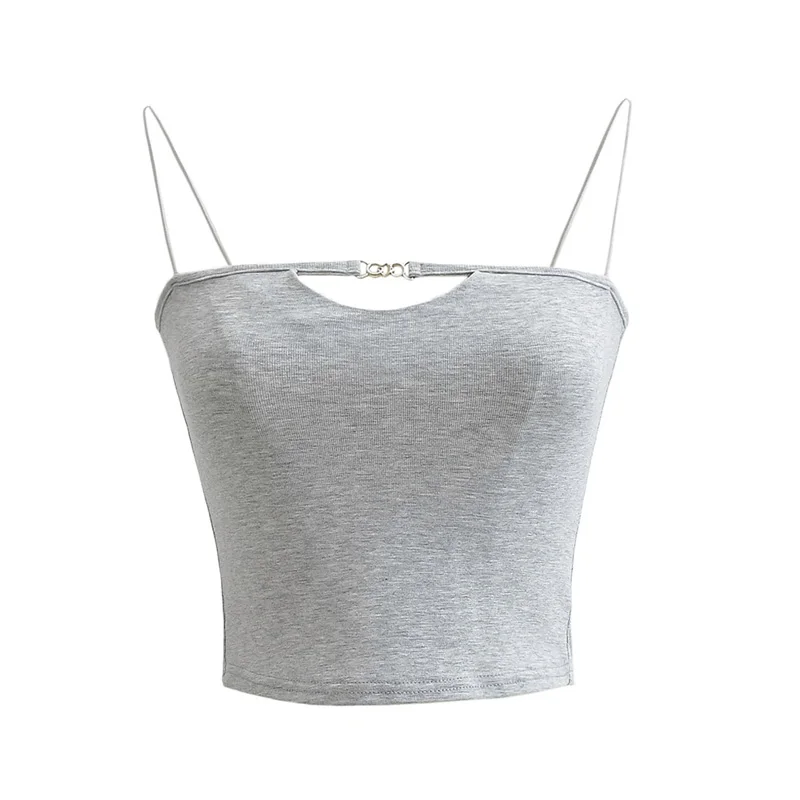 Women’s Cut Out Bodice Thin Cami Strap Top With Silver Center Chain Detail