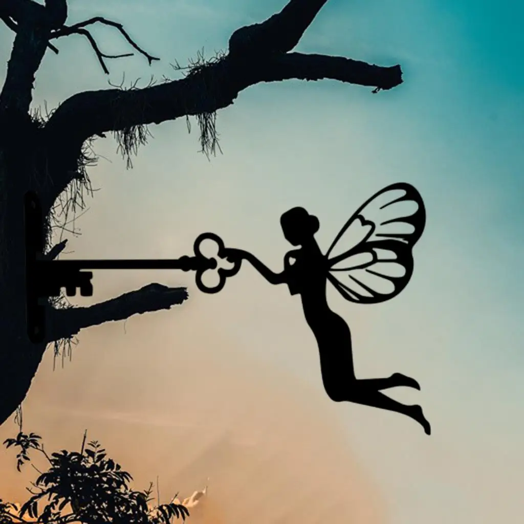 Metal Fairy on Branch Silhouette Finish Garden Ornament Art Tree Decors
