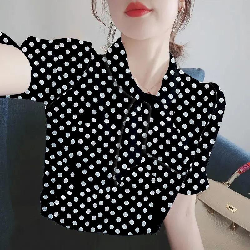 moda impresso polka dot drawstring arco oversized chiffon camisa verão casual pullovers doce roupas femininas comute blusa