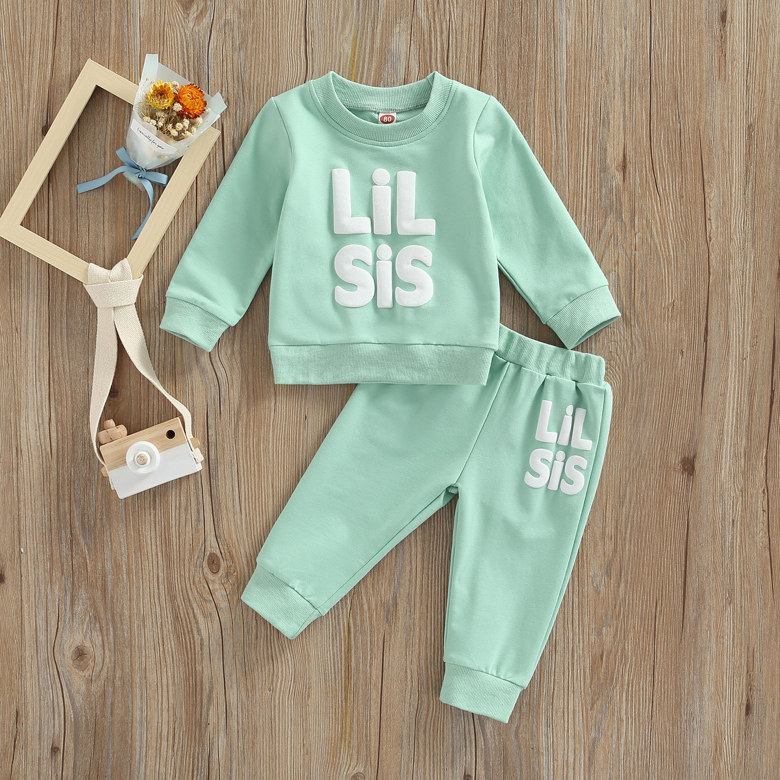 FOCUSNORM 0-5Y Herbst Baby Mädchen Schwester Schöne Kleidung Sets Brief Gedruckt Lange Hülse Pullover Sweatshirt + Hosen – Detail 1