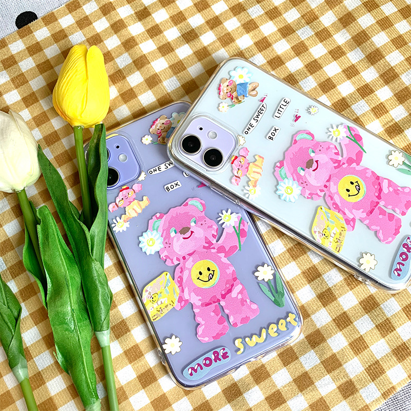 Cute oil painting flower bear Phone Case For iPhone 13 11 12 Pro Max 7 8 Plus 12 mini X XR XS Max Cartoon transparent Soft Cover iphone 13 mini flip case