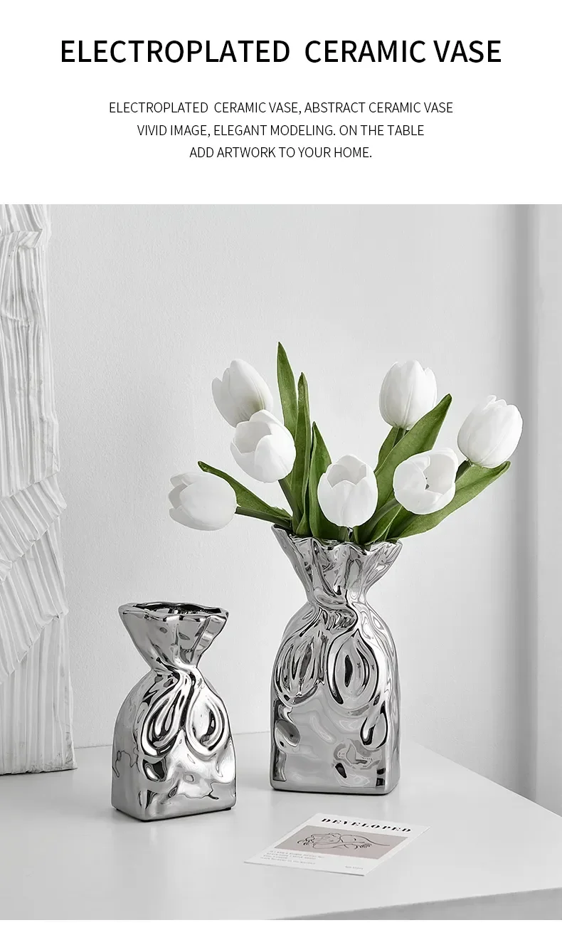 Luxury Electroplated Ceramic Vase Creative Flower Bottle Post-modern Home Office Desk Ornaments Living Room Decor Trendy Vessel