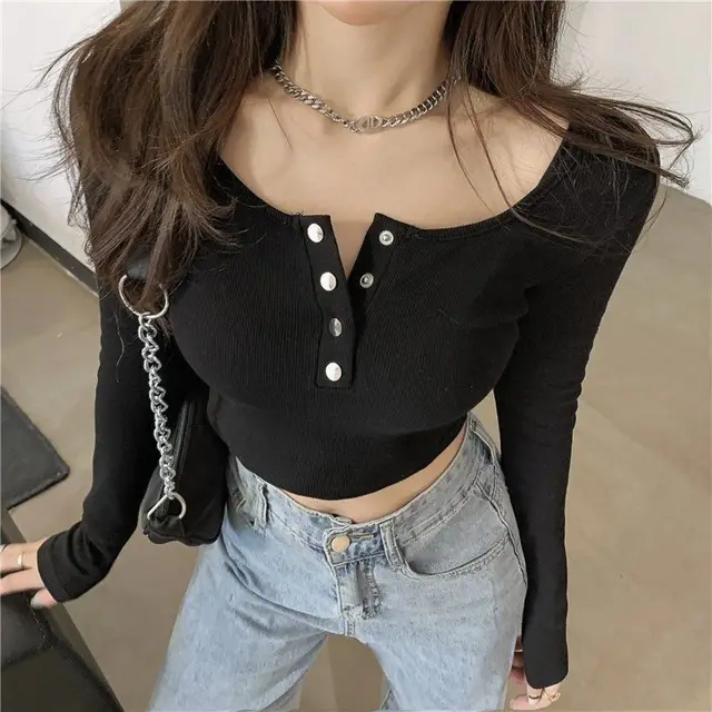 Long Sleeve T-shirts Women Spring Solid Loose Crop Top Sexy New