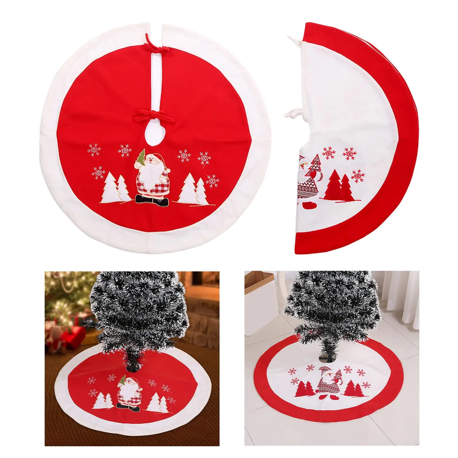 35inch Christmas Tree Skirt with Santa Claus Pattern Vintage Ornaments Xmas Tree Mat for Outdoor office home