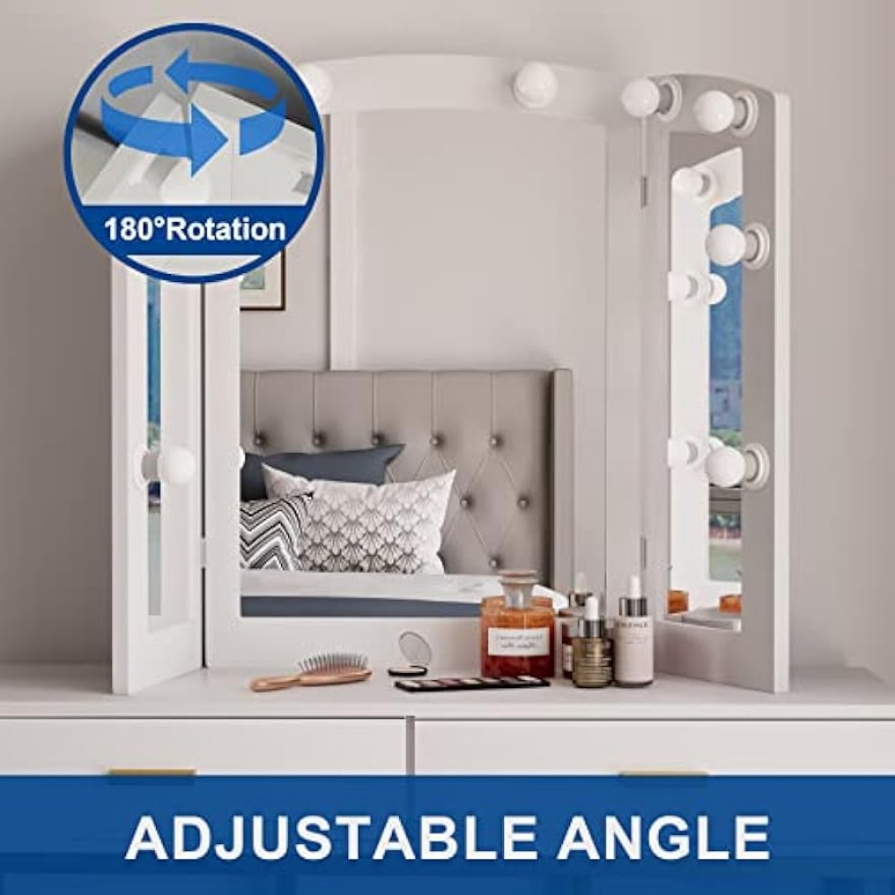 Description Picture 5 of itemMakeup Vanity Desk with Mirror and Lights, Dressing Table Set with 2 Drawers and Stool, Girls Vanity Table for Bedroom