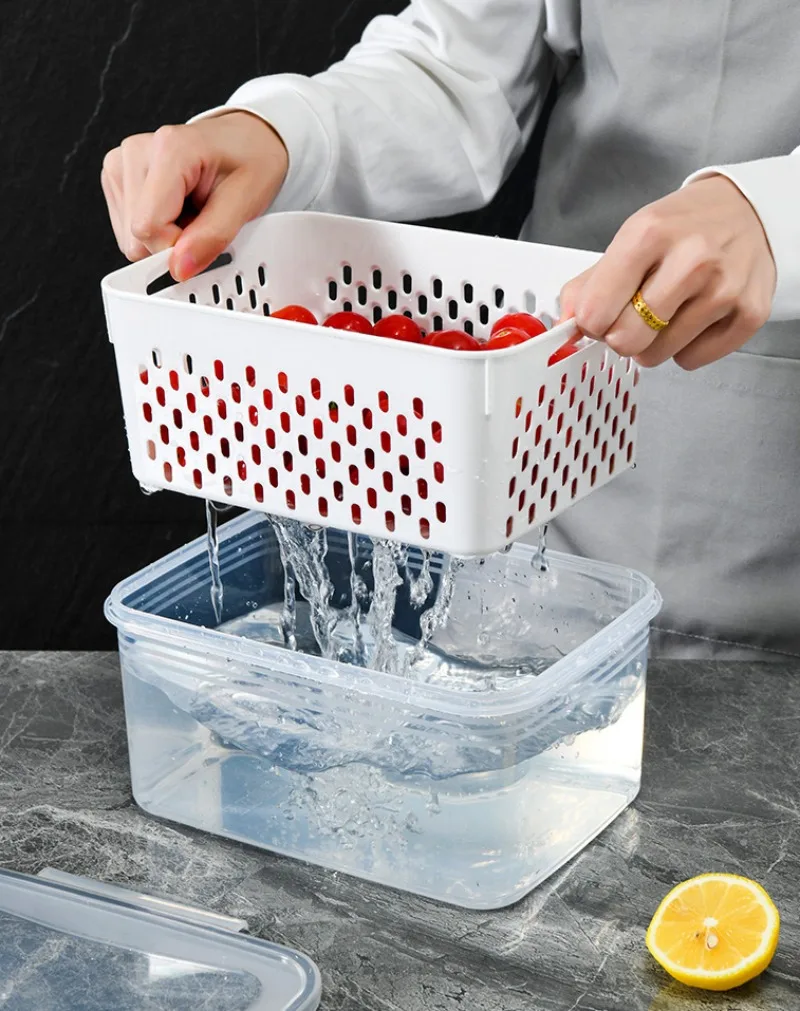Refrigerator Preservation Box Transparent Double-Layer Vegetable And Fruit Food Grade Drain Box Set Of 3