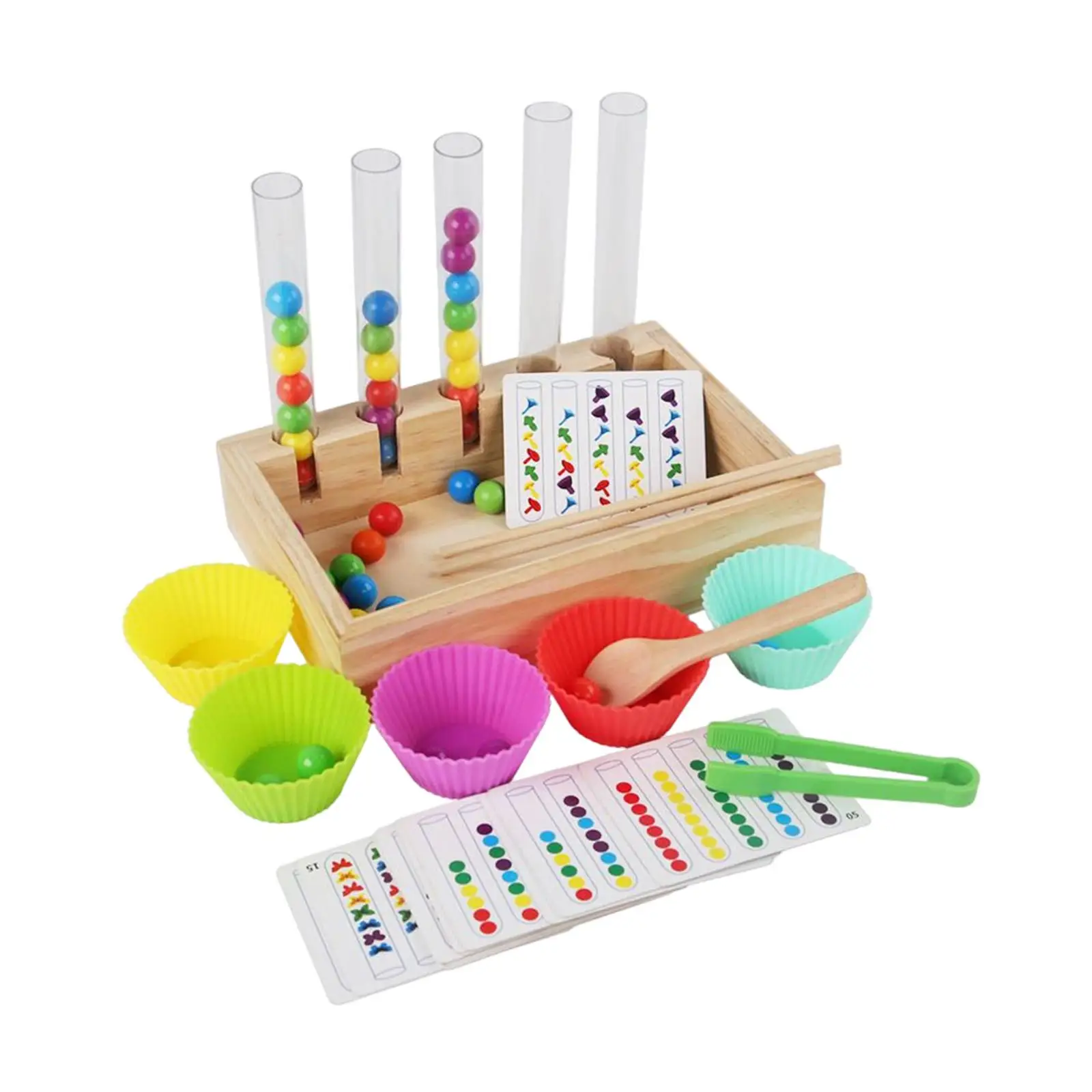 Wooden Rainbow Balls in Cups Early Education Toys Preschool Sensory Toys Clip Bead Game Wooden Peg Board Game for Kids Toddler