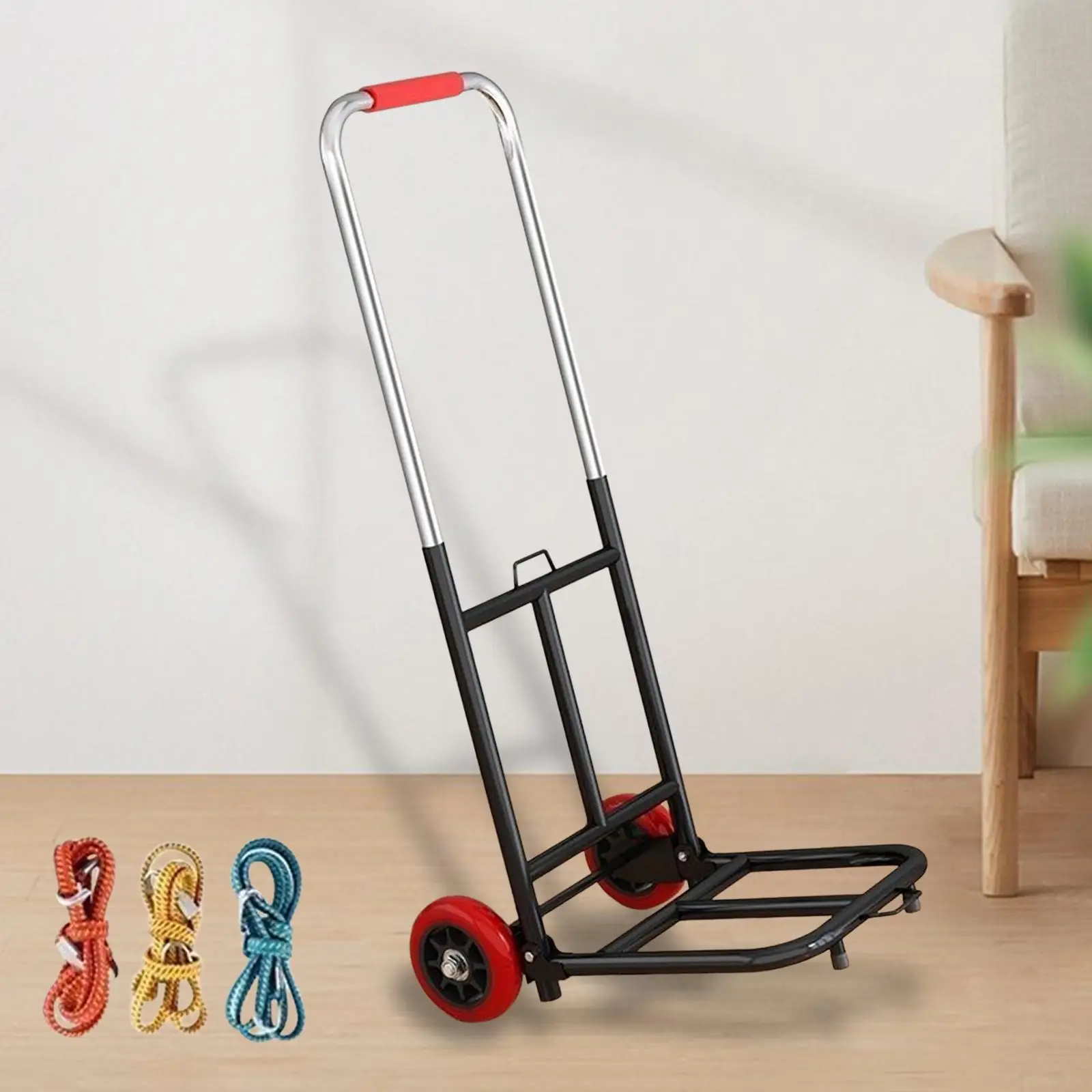 Foldable Hand Truck Dolly Adjustable Handle Trolley Cart Sturdy with 3 Elastic Ropes for Home Moving and Travel Luggage Handcart