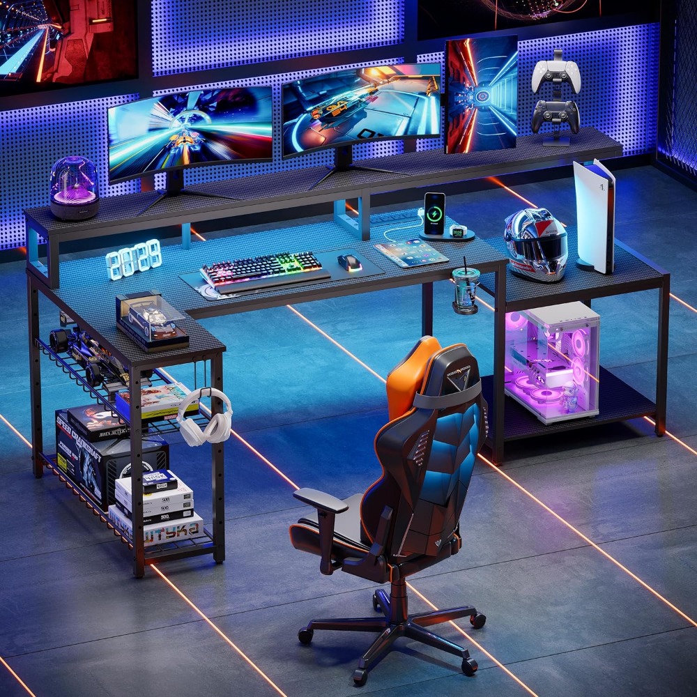 Description Picture 4 of itemLarge Corner Desk With Storage Shelf L Shaped Gaming Desk With Power Outlets Table Computer Desks Cup Holder Headset Hooks Black