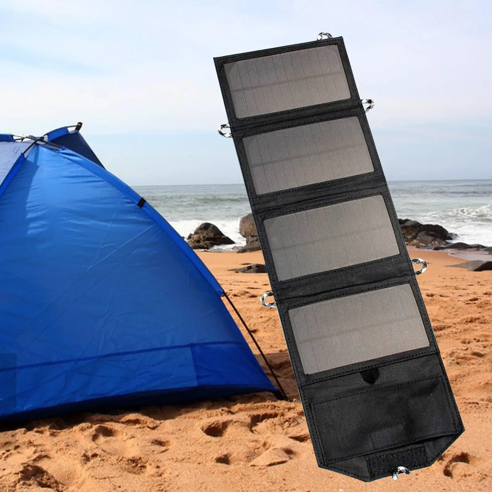 Folding 7W Portable Solar Charger 5V Output Cell Phone Charger 4 Panels for Power Bank Laptop Outdoor Travel Black