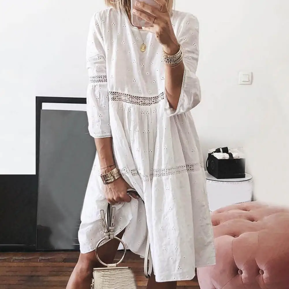 Women Dress O Neck Three Quarter Sleeve Lace Patchwork Embroidery Solid Color Summer Pullover Dress Streetwear 