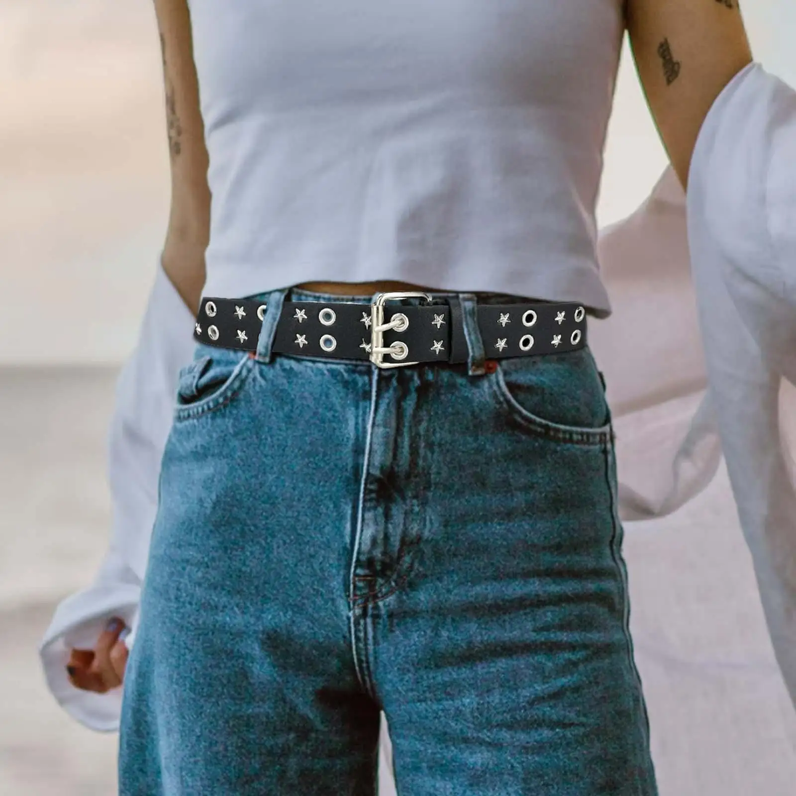 Unisex Punk Belt 2 Hole Grommet Jeans Adjustable Decorative Belt Casual Pin Buckle Gothic Waist Belt
