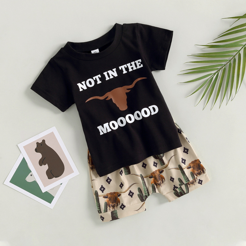 Kid Boy Pants Suit Short Sleeve Round Neck Letters Print Tops Drawstring Short Pants