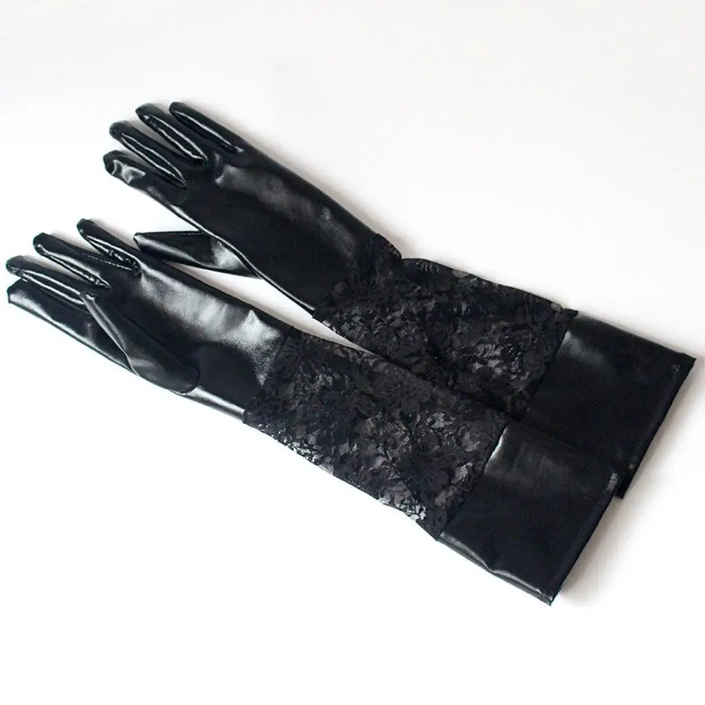 2x Trendy Long Gloves Lace Elbow Faux Leather Stitching Sleeves Prom Costume