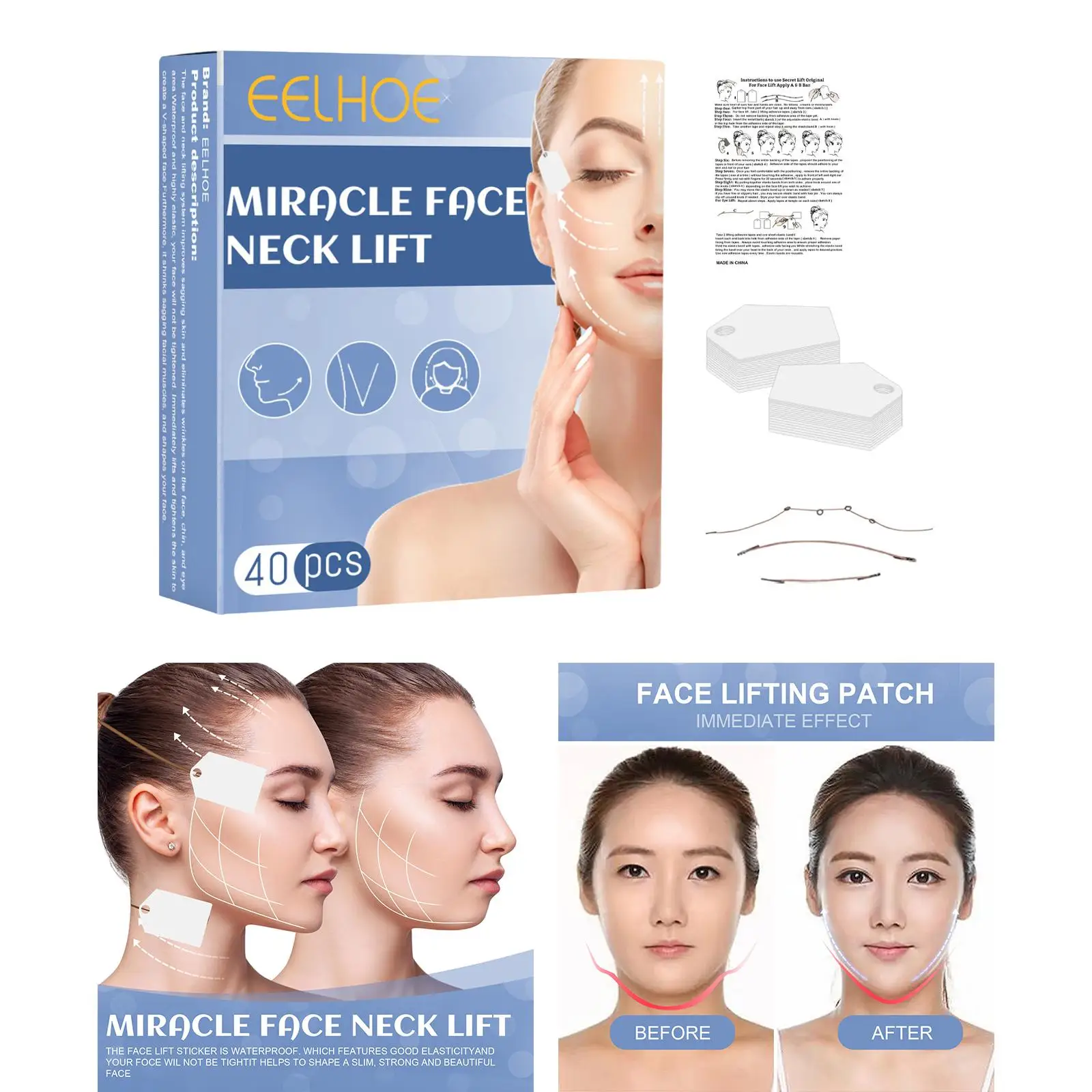 40Pcs Face Lifting Patch V-Shape V-Line Invisible Slimming Refill Instant Elasticity Face Lift Tape for Neck Eye Woman Girls