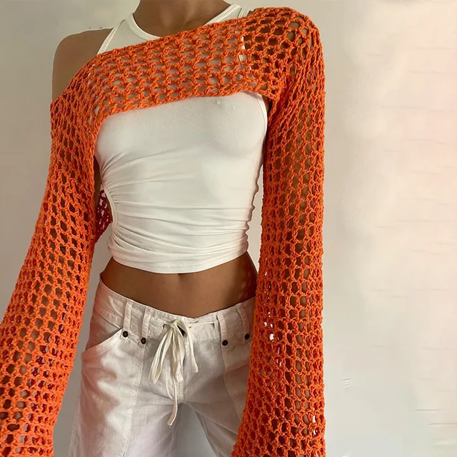 Celandine Long Sleeve Crochet Hollow Out Striped Knitted Crop Top T Shirt  Y2k Women Summer Autumn Casual Street Cover Up - T-shirts - AliExpress